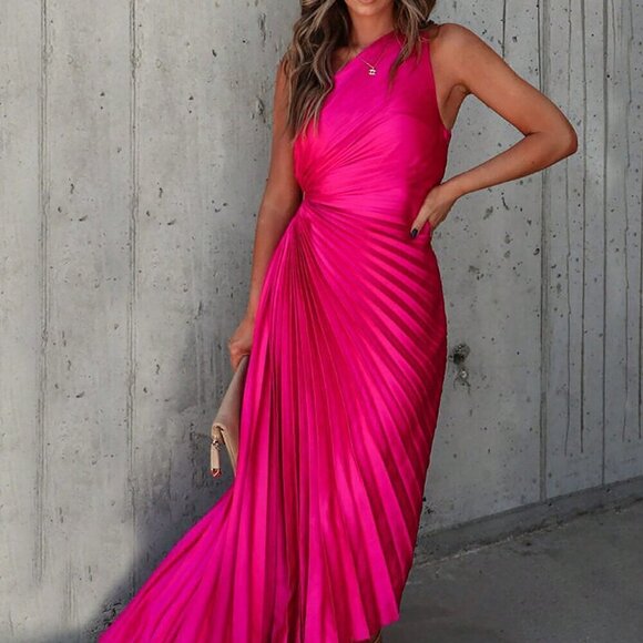 Dresses & Skirts - Hot Pink Women's One Shoulder Asymmetrical Hem Satin Cocktail Dress